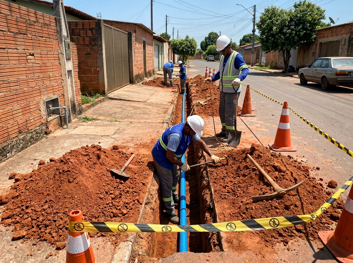 Equipe instalando rede de distribuição de água de pequeno diâmetro em vala estreita em rua de bairro